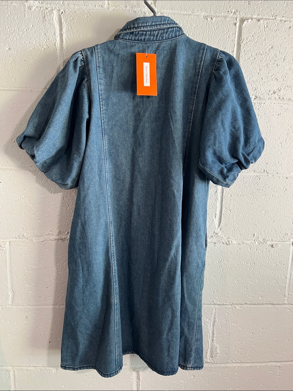 Denim Button-Front Puff Sleeve Dress - Small- top button missing - Picture 6 of 7